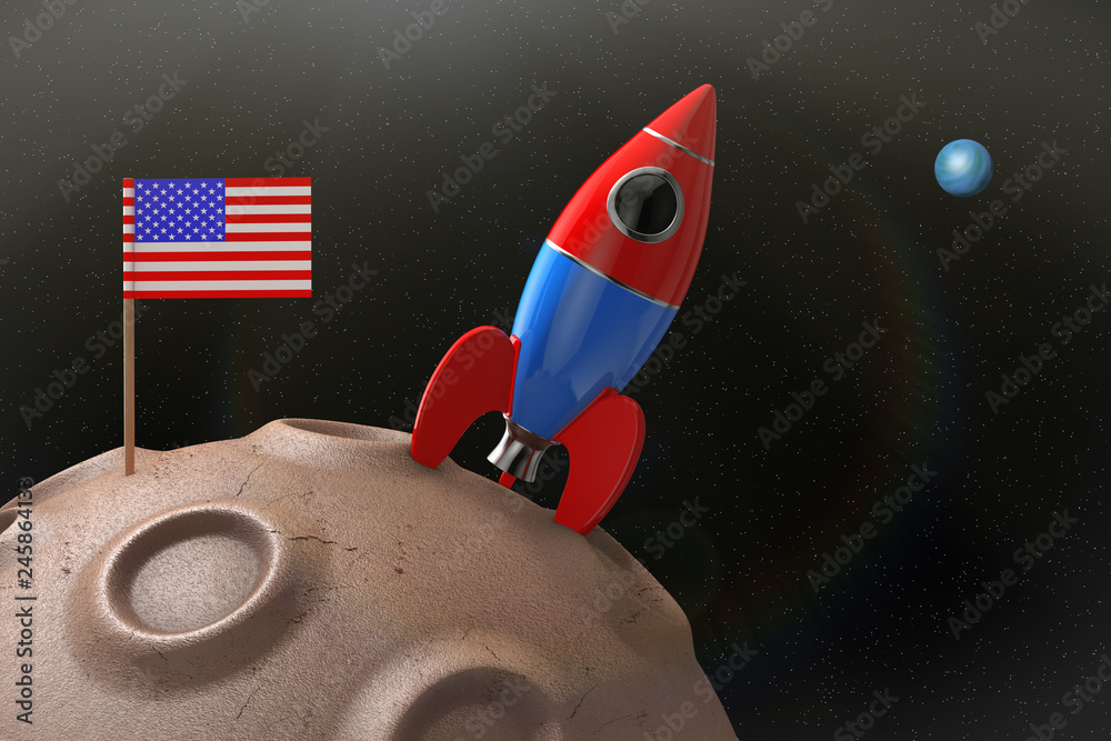 Fototapete USA Flag with Rocket over Abstract Planet in Space. 3d Rendering