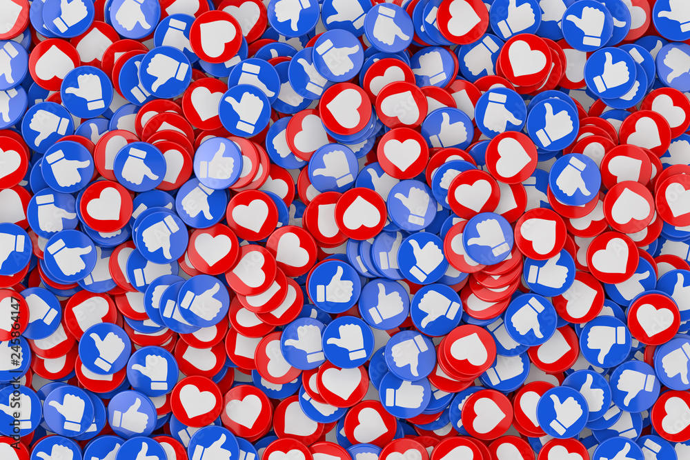 Aufkleber Heap of Social Media Network Love and Like Heart Badges Coins Background Texture. 3d Rendering