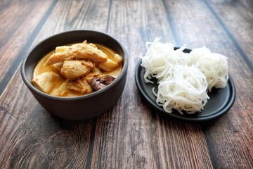 Close up of Thai chicken red curry with bamboo shoot. Thai food.