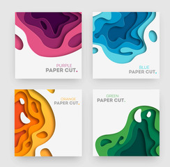 Set of square banner templates with paper cut shapes. White modern abstract design for business presentations, flyers, posters. Vector Illustration.