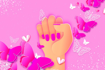 Happy Womens day. Fist raised up. We can do it. Fight like a girl, woman. Feminine concept and woman empowerment design in paper cut style.Butterfly and hearts. Pink.