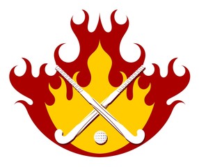 Field hockey on a background of fire. Two crossed field hockey sticks with a ball against the background of flames. Vector illustration of a sports emblem