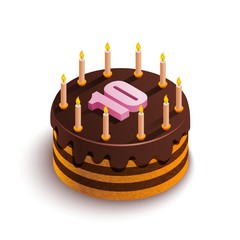 Isometric cake on a white background. Round chocolate cake with candles and a pink number 10 at the top. Festive food. Birthday holiday. Vector stock illustration.