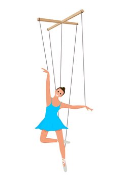 Doll marionette ballerina in a blue dress on a white background. Element of children's puppet theater. Child's toy, theatrical doll. Vector illustration