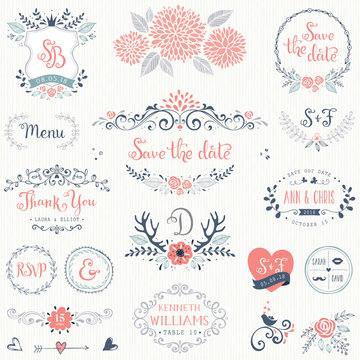 Hand drawn rustic wedding collection with typographic design elements. Ornate motives, branches, wreaths, monograms, frames and flowers.