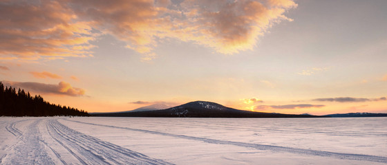 Sunset on the lake Zyuratkul. Chelyabinsk region
