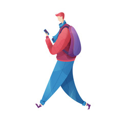 A young man going with a cell phone in his hand.