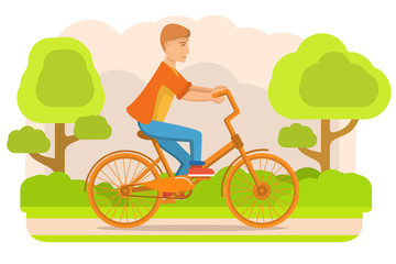 Bicycle rider young guy.Cyclist man on bike.Sport athlete.City park flat vector.Cartoon character. Summer landscape.