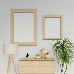 clean interior space 3d rendering of two a1 and a2 poster mockup design with vertical wooden frame hanging on the clean white wall in family room in straight front camera view - obrazy, fototapety, plakaty