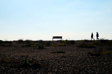 a pebble beach and unrecognisable people walking on the horizon