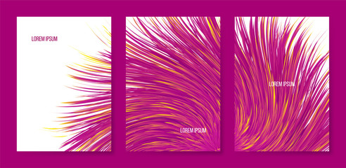 Vector abstract banners with colorful furry bunch, triptych with imitation synthetic vortex fur.