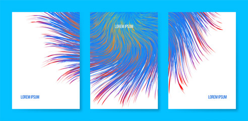Vector abstract banners with colorful furry bunch, triptych with imitation synthetic vortex fur. - obrazy, fototapety, plakaty