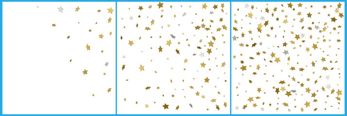 3d gold and silver stars confetti celebrations. Simple festive modern design. Holiday vector. Set 3 in 1