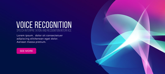 Voice recognition landing page. Personal assistant, abstract gradient waves isolated on dark blue background.
