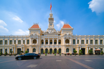 HO CHI MINH VIETNAM - 05, 2020: Panorama view of the Ho Chi Minh City Hall or Ho Chi Minh City People's Committee. People Committee building is famous places for travel in Ho Chi Minh city, Vietnam