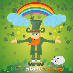Obraz na płótnie Canvas illustration of an Irish leprechaun gnome with a rainbow with clover and coins for St. Patricks day, painted in flat style