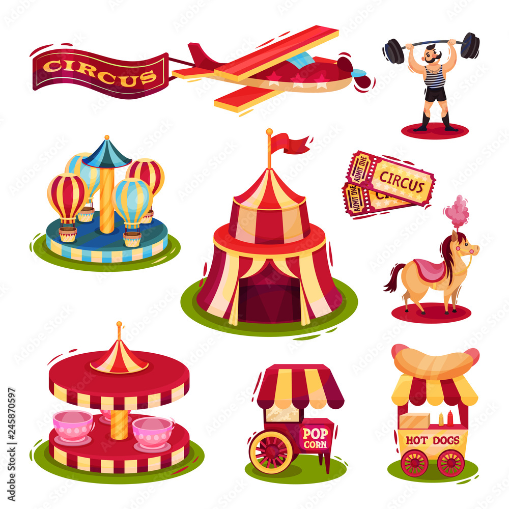 Wall mural flat vector set of circus icons. carousels, carts with fast food, tickets, strong man, plane with ba