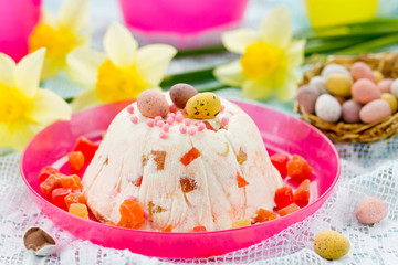 Traditional Easter molded dessert paska made from cottage cheese and candied fruit