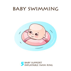 Baby swimming and child care rulesl. Infographics of infant swimming. Baby swims in the pool with an inflatable circle. Baby swims in the pool.