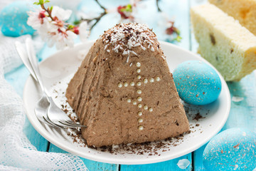 Russian Easter paskha, traditional curd easter cake with chocolate