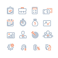 Finance icon set, business loan, company revenue report, analytics infographic, market growth, annual payment, corporate expense