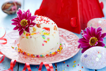 Traditional Easter molded dessert paska made from cottage cheese and candied fruit