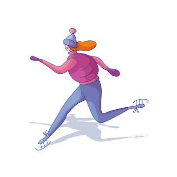 Cartoon vector design of girl skating. Woman dressed in warm clothes. Young athlete. Winter activity