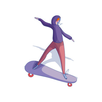Young trendy girl riding skateboard. Female in purple hoodie and red pants. Active lifestyle. Cartoon vector design