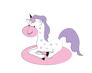 Cute unicorn vector in hearts with purple hair. Isolated on white background. Unicorn cartoon.