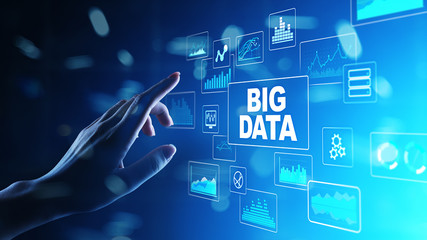Big data analysis, business intelligence, technology solutions concept on virtual screen.