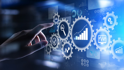 Big Data analysis, Business process analytics diagrams with gears and icons on virtual screen.