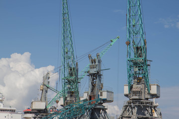 Fototapeta na wymiar Cargo Cranes in Industrial Port. Sea port, cargo crane expects the ship for loading