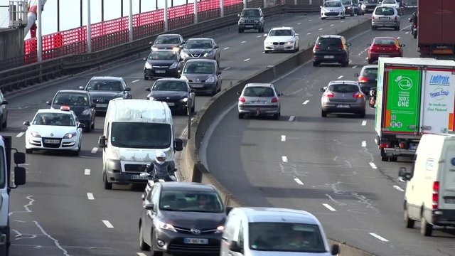 Car and trucks, traffic jam on the highway, Bordeaux, Timelapse