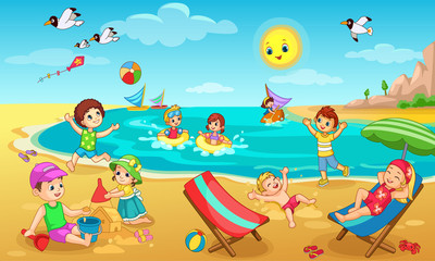 Obraz na płótnie Canvas Kids playing on Beach vector illustration