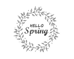 Hello spring. Card with decorative floral frame