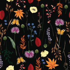 Dark Summer night Vector many kind of wild flowers seamless beautiful on black color background, pattern for fashion and all prints © MSNTY_STUDIOX