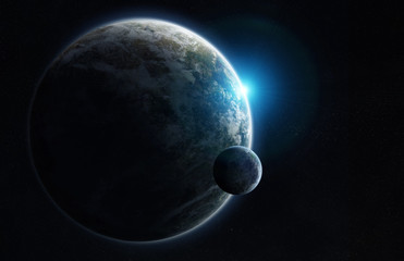 Distant planet system in space with exoplanets 3D rendering elements of this image furnished by NASA - obrazy, fototapety, plakaty