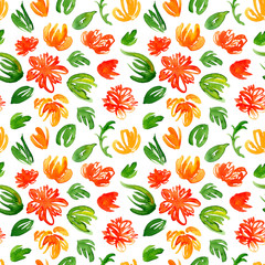 Hand drawn watercolor background with colorful red and yellow flowers and green leaves. Seamless floral pattern. - 245877302