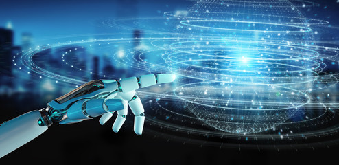 White robot hand using digital sphere connection hologram 3D rendering