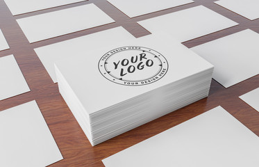 White business card pile on wood mockup 3d rendering