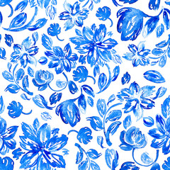 Hand drawn watercolor background with blue leaves and flowers. Seamless floral pattern. - 245877390