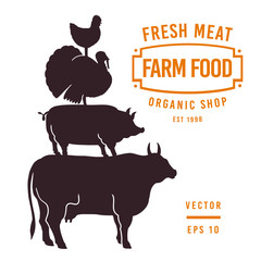 Set of butcher shop labels and design elements. Graphical bull, pig, turkey, chicken silhouettes. Hand drawn vintage illustrations. Retro styled farm animals background.