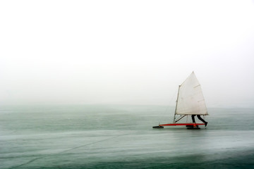 Fototapeta premium Ice sailing on frozen Lake Balaton, Hungary
