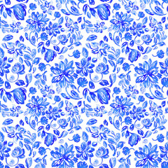 Hand drawn watercolor background with blue leaves and flowers. Seamless floral pattern. - 245877727