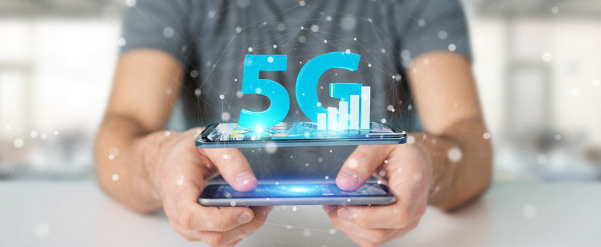 Businessman using 5G network with mobile phone 3D rendering