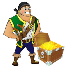 Cute pirate with a guns and a treasure chest. Isolated vector illustration on white background.