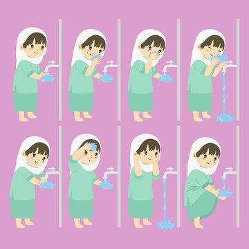 Muslim girl perform ablution steps, to clean self before prayer or shalat. Ablution steps for children vector collection