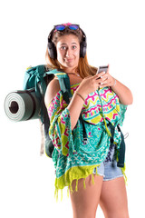 Traveling girl with backpack and phone