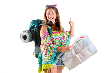 Traveling girl with backpack and map