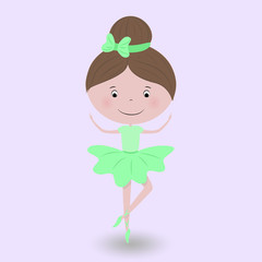 Cute little ballerina in green dress. Vector illustration